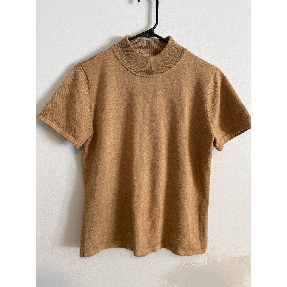 Tahari Arthur S Levine Mock Neck Short Sleeve Knit Top Camel Size 12